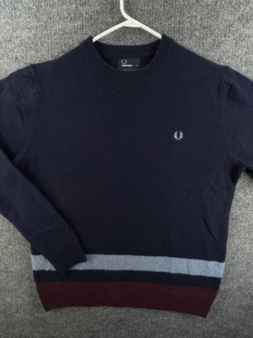 Fred Perry Pullover Logo XL Sweater Blue Red Crew Neck Wool Striped Designer